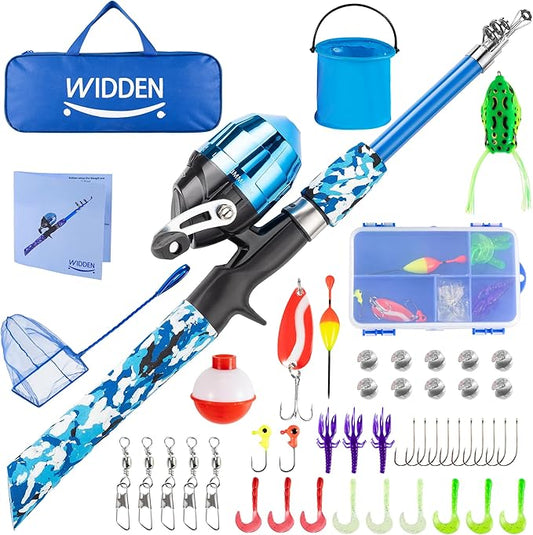 WIDDEN Kids Fishing Pole, Portable Telescopic Kids Fishing Poles for Boys and Girls, Fishing Rod and Reel Combo Kit with Tackle Box, and Fishing Net, Best Fishing Pole for Toddler Youth