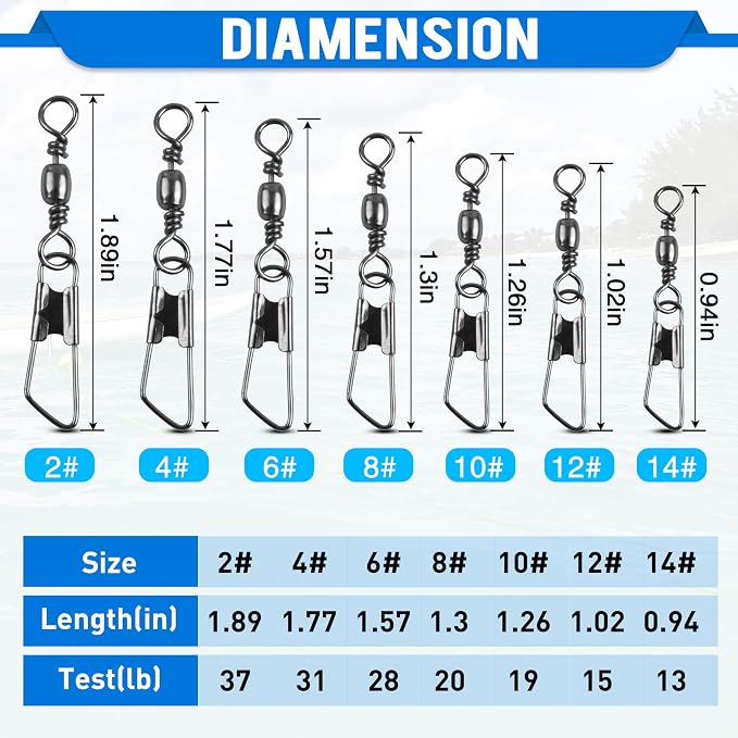 SILANON Fishing Barrel Swivels Snaps, Barrel Swivel with Safety Snap Stainless Steel Brass Swivels Fishing Tackle Line Connector High Strength Solid Rings for Saltwater Freshwater