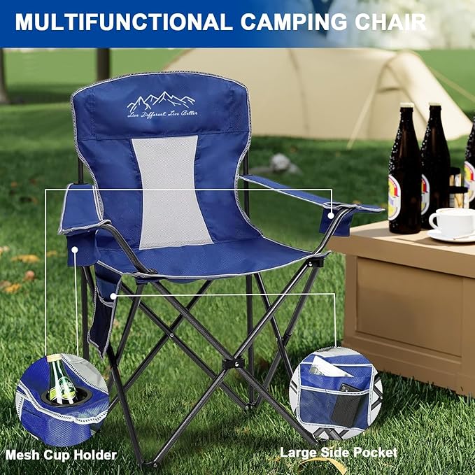 Folding Camping Chair Mesh Back Portable Breathable Outdoor Chairs with Carry Bag & Cup Holder for Camping, Beach, Fishing, Sports, Patio, Blue