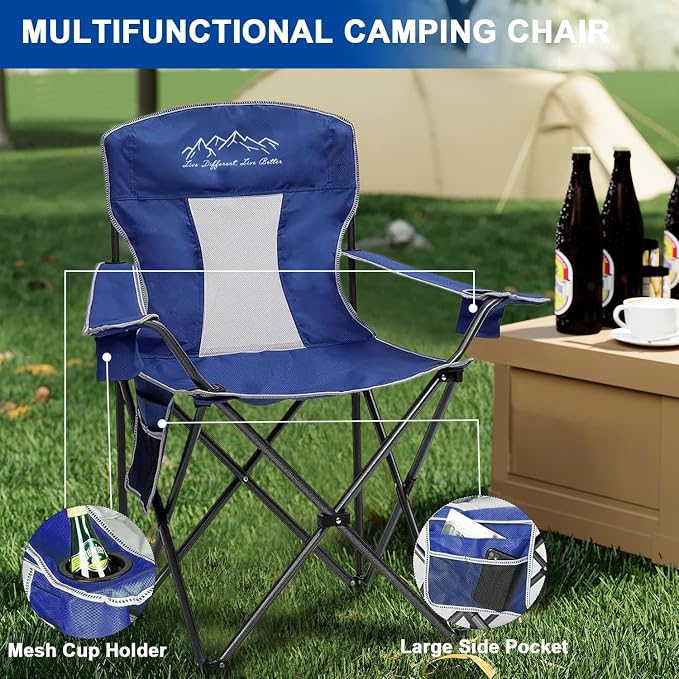 Camping Chairs for Adults Heavy Duty 400lbs Capacity, Folding Chair with Large Anti-Sink Feet & Cup Holder, Extra Wide Portable Outdoor Chair for Camping, Beach, Lawn, Fishing, Blue