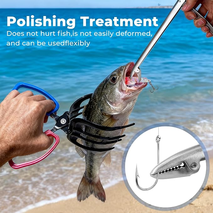 3 Packs Upgrade 2/3 Claw Fish Gripper with Stainless Steel Hook Remover, Metal Fishing Pliers Gripper Catch Control Clamp,Fish Grip Tackle Holder & Steel Dehooker for Freshwater and Saltwater Fishing