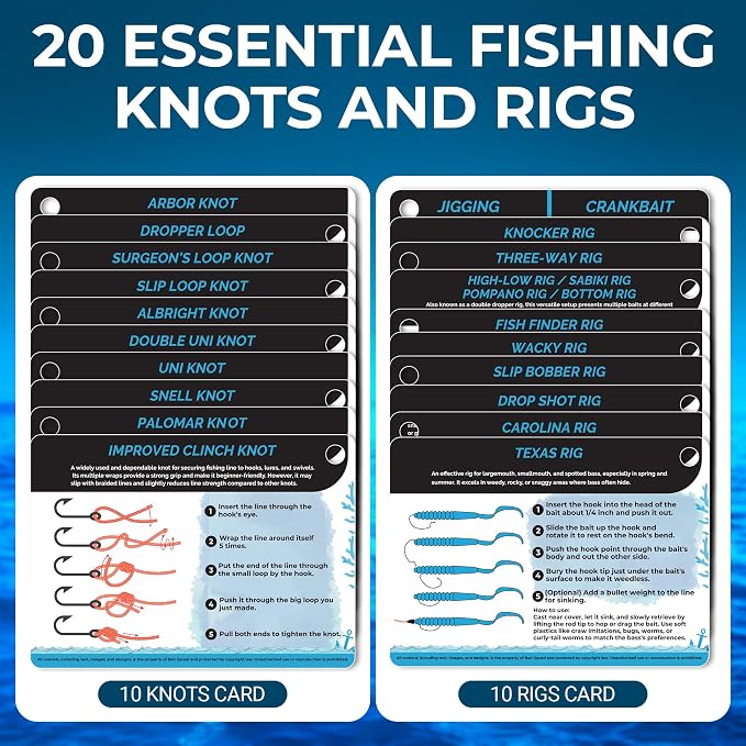 Fishing Knots Pocket Guide – Waterproof Fishing Knot Guide Card with 20 Essential Knots and Rigs – 2.5" x 3.5" Durable Quick Reference – Perfect Pocket Guide Fishing Gift for Anglers