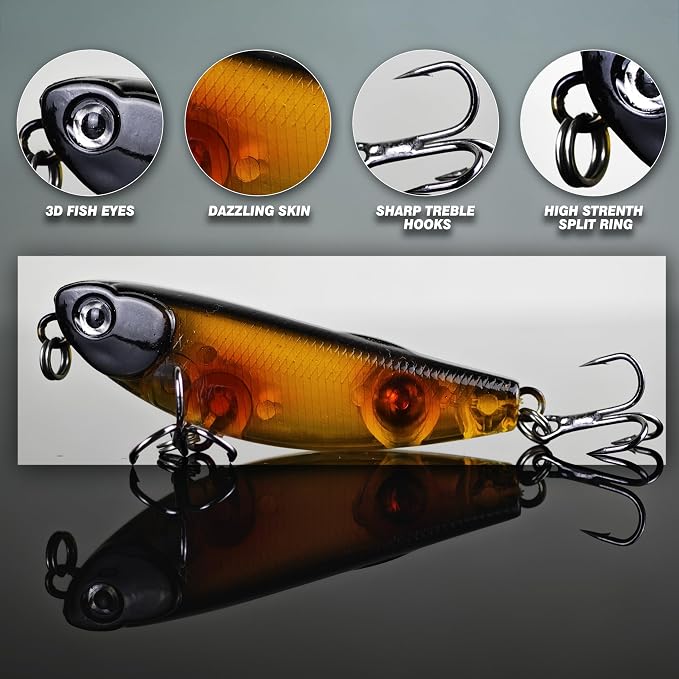 Topwater Fishing Lures, Minnow Lure for Bass Fishing, Life-Like Jerkbait Fishing Lures with Treble Hook, Popper Crankbait Sinking Lure for Freshwater/Saltwater