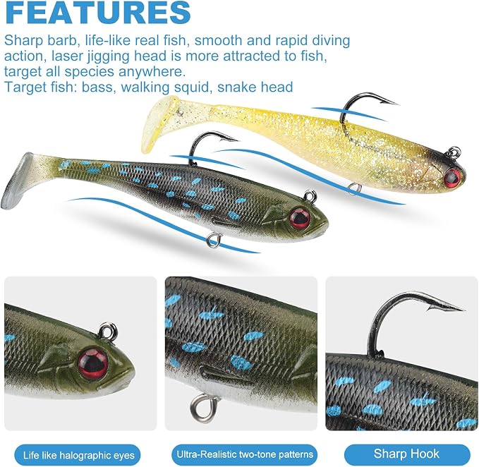 5 Pcs Pre-Rigged Soft Fishing Lures, 3.5In Paddle Tail Jig Heads Swim Bait, Realistic Movement Easy Catch Fishing jigs Lure, Fishing Baits for Freshwater Saltwater Bass Trout Baits