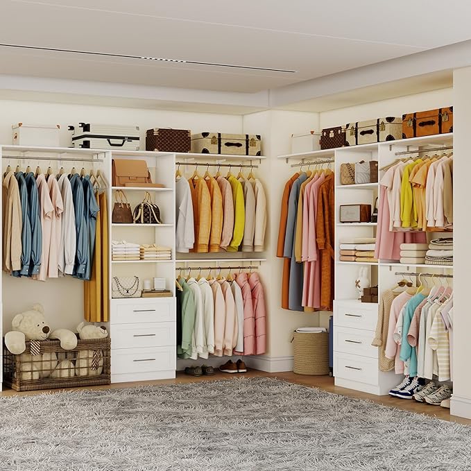 Closet System with Drawers, 5FT-8FT Closet Organizer System with 3 Side Top Shelves(Cuttable) & 3 Expandable Hanging Rods, 96" Walk in Closet Storage Shelving System, Walk in Closet System, White