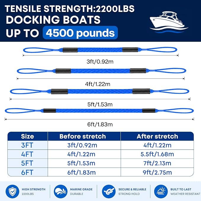 Boat Bungee Dock Lines, Scratch-Free Loop Ends Mooring Rope, Shock Absorbing Pontoon Tie Down Accessories Compatible with Models for Jet Ski（6ft-2 Pack-Blue）