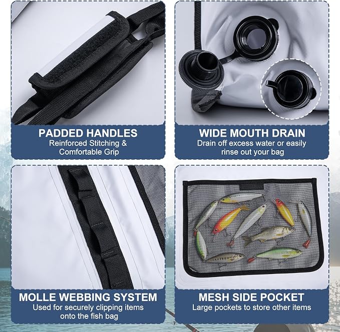 Goture Insulated Fish Cooler Bag, 500D PVC Leakproof Fishing Kill Bag, Portable Waterproof Fish Bags with Carry Handle and Strap, Large Fishing Cooler Bags with Drain Plug, 59.84”x 20.08”x 9.06”