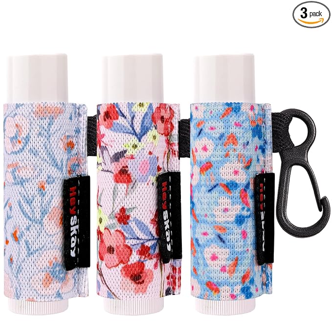 HEYSKAY 3PCS Lip Balm Holder Sleeves Lipstick Keychain Holder Lip Gloss Holder Keychain Lipstick Elastic Sleeves(Floral Set A)