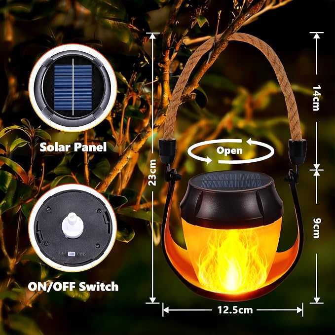 Toodour 2 Pack Hanging Solar Lantern Outdoor - Solar Lantern with Flickering Flame, Waterproof Hanging Lights for Camping, Patio, Deck, Yard, Path, Outdoor Decorations