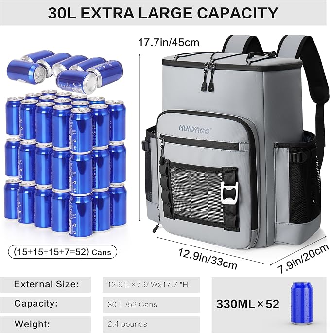 Hulongo Cooler Backpack, 30L Insulated Leakproof Soft Cooler Bag for 52 Cans, Lightweight Backpack for Beach, Picnic, Camping, Hiking, Fishing and Travel