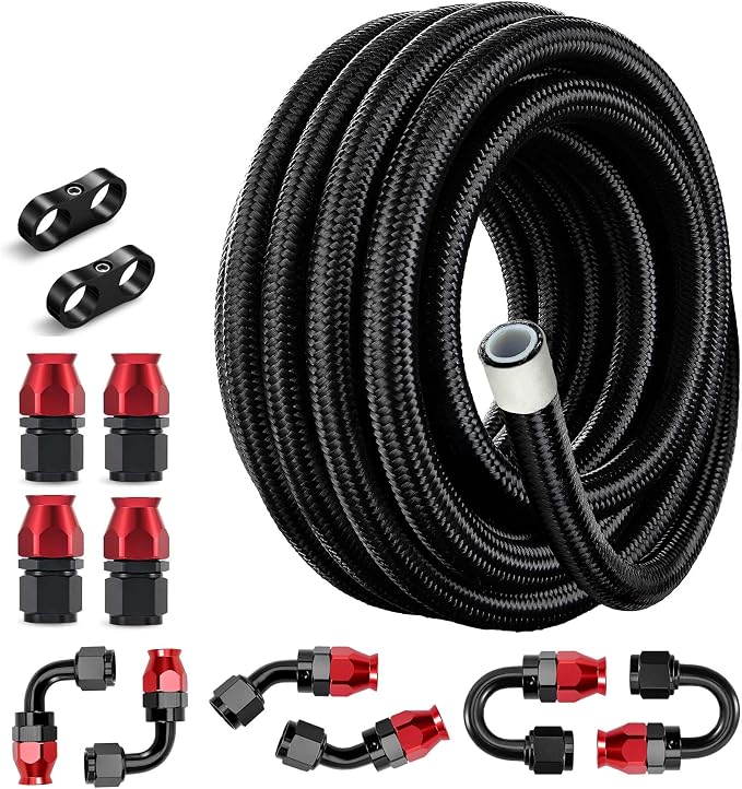 EVIL ENERGY 8AN PTFE Fuel Line Kit,E85 Nylon Braided Fuel Hose 20FT Black&Red AN8 PTFE Fuel Line Hose(12/32Inch ID)