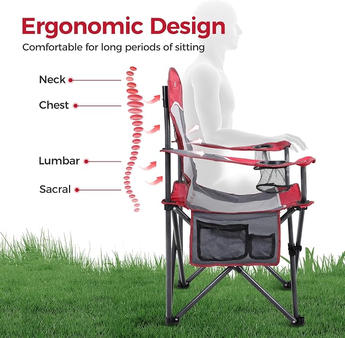ALPHA CAMP Heavy Duty Camping Chair 500LBS Capacity, Oversized Folding Chair for Heavy People, Padded Portable Outdoor Chair with Cooler Bag & Cup Holder for Camping, Fishing, Beach