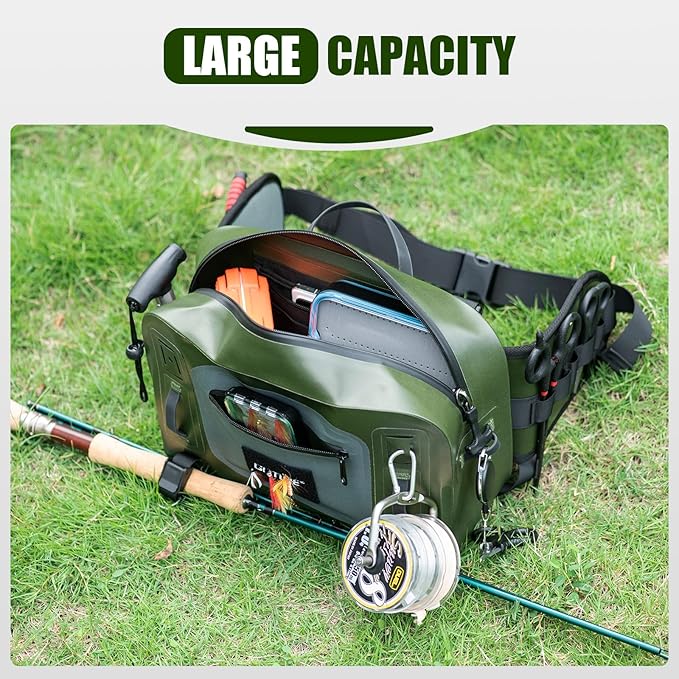 Goture Waterproof Fishing Waist Pack, IPX8 840D TPU Large Tackle Bag with Rod Holder, Airtight Zipper Closure, Fly Fishing Bag with Adjustable Waist Strap for Stream,Kayaking,Boating,Sling Fanny Pack