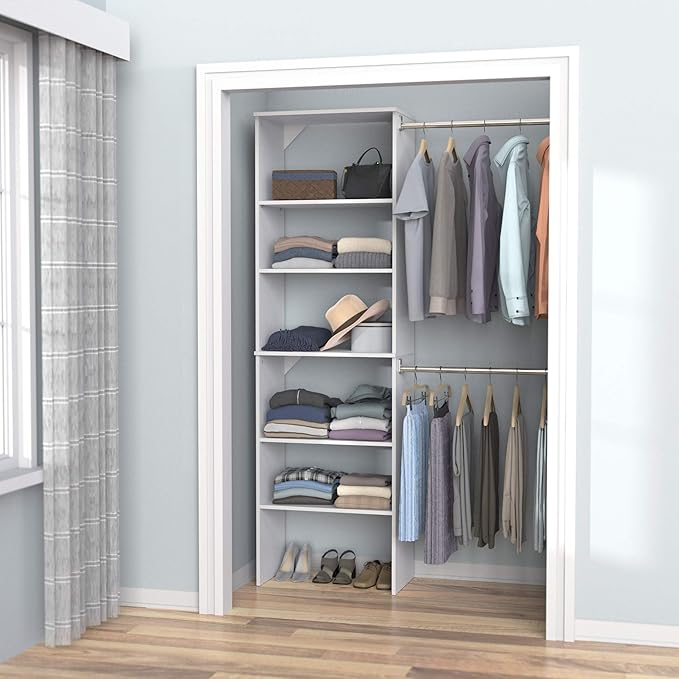 ClosetMaid SuiteSymphony Wood Closet Organizer Starter Kit with Tower and 3 Hang Rods, Shelves, Adjustable, Fits Spaces 5 – 10 ft. Wide, Pure White
