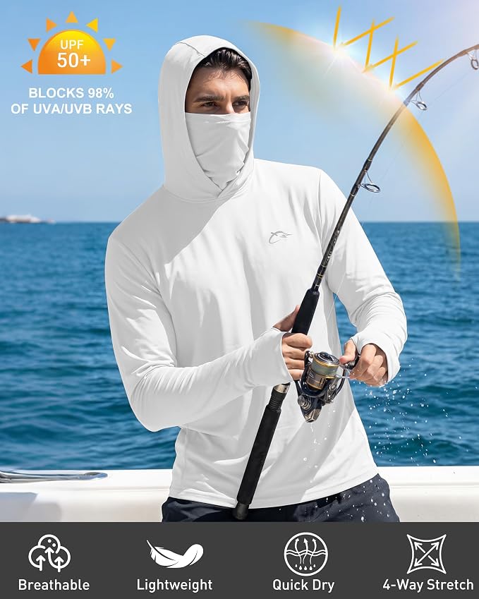 FISHEAL Men's Performance Fishing Hoodie Shirt - UPF 50+ Sun Protection Long Sleeve Thumbholes Shirts with Neck Gaiter