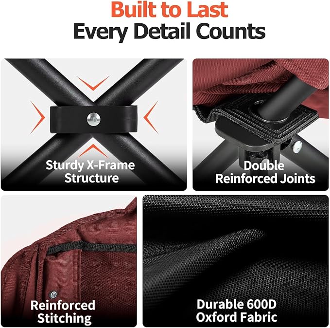 Overmont Oversized XL Camping Chair for Adults - 500lbs Support Heavy-Duty Padded Folding Chair with Side Pocket Cup Holder Cooling Bag for Outdoor Sports Garden Beach Fishing Lawn Red 2pcs