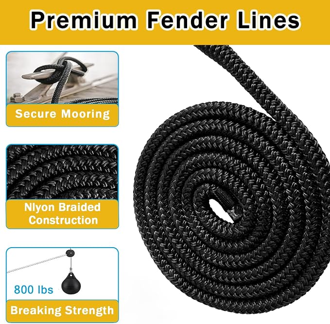 2 Pack 3/8'' x 6' Boat Fender Lines for Mooring, Docking Ties & Small Boat,Premium Marine- Grade Double Braided Nylon Boat Rope with a 5" Eyelet,Anti-Wear & Weather-Resistant-Black