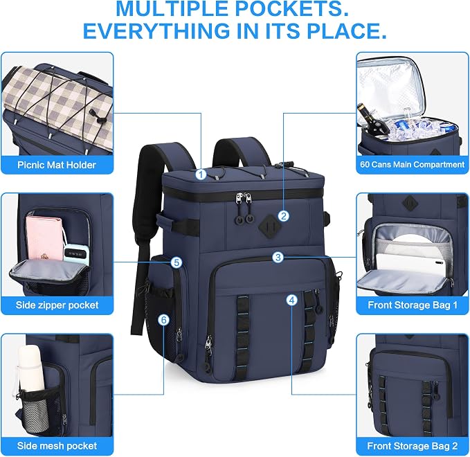 Insulated Backpack Cooler 60 Can for Men & Women,Leak Proof Waterproof Cooler Backpack for Beach Tailgate Camping Travel Fishing 37L