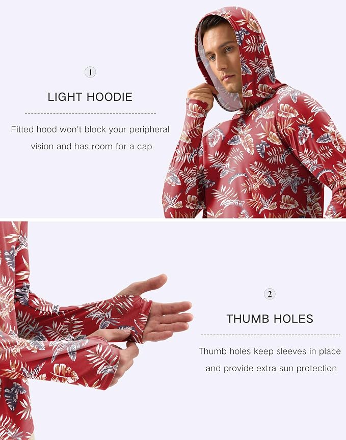 Pudolla Men's Sun Protection Hoodie Shirts UPF 50+ Rash Guard SPF Long Sleeve Fishing Shirt for Men Swim Hiking Boating