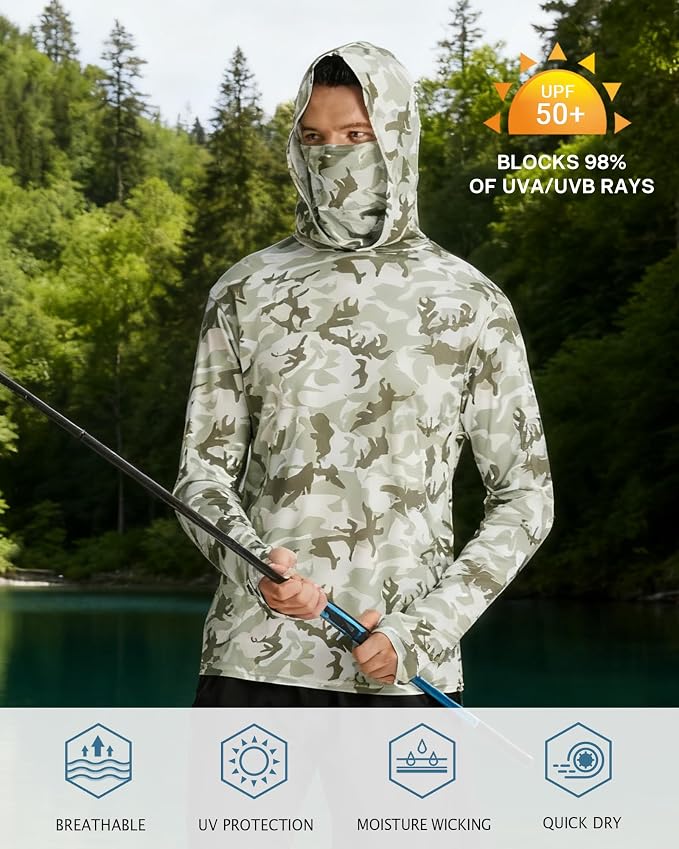 FISHEAL Men's Performance Fishing Hoodie Shirt - UPF 50+ Sun Protection Long Sleeve Thumbholes Shirts with Neck Gaiter