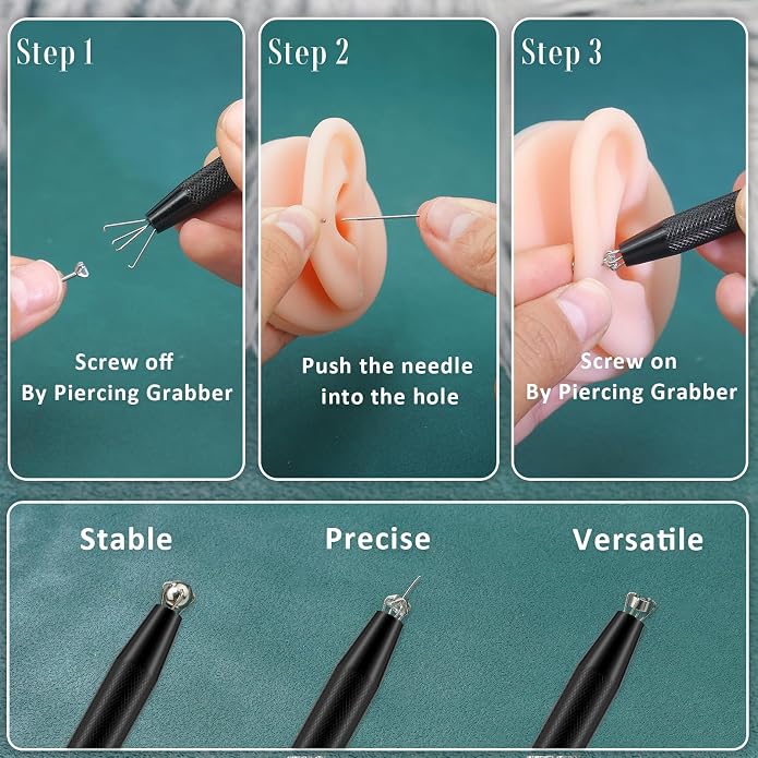 Upgraded Anti-Slip Piercing Ball Grabber Tool with Ergonomic Design for Changing Jewelry, Stainless Steel Jeweler Pick Up Tool 4 Claw Gem Piercing Changing Tool Body Piercing Kit for Ear Nose Lip