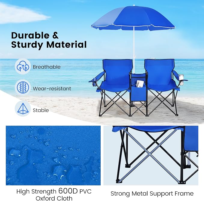 Tangkula Double Camping Chairs with Umbrella, Portable 2 Seat Folding Camp Chair with Cooler Bag, Beverage Holder, Carrying Bag, Foldable Lawn Chair for Outside, Fishing, Picnic, Beach