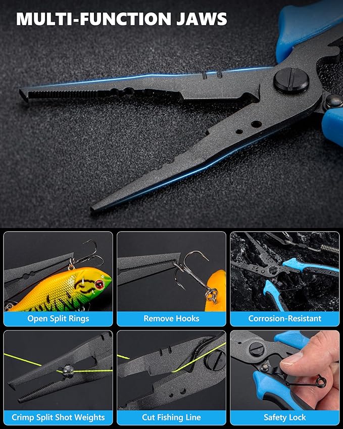Fishing Tool Kit, Fishing Gear - Fishing Plier with Sheath, Fillet Knife, Fishing Scissors, Fish Lip Gripper, Tool Retractor, Keychain Bottle Opener, Fishing Gifts for Men