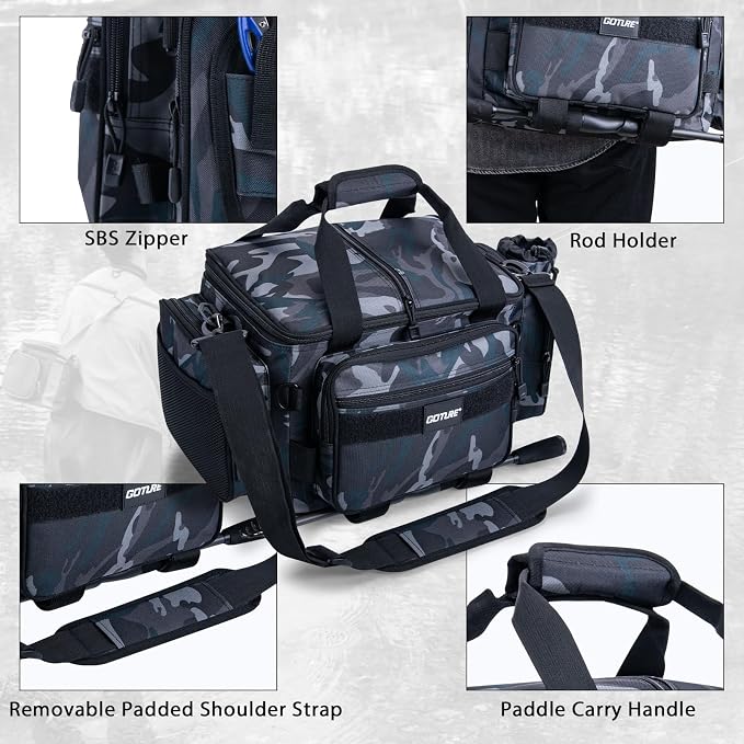 Goture Fishing Tackle Bag,Store Up to 4PCS 3700 Tackle Boxes(Not Included),600D Soft Side Water-Resistant Saltwater Gear Storage Fishing Bag with Rod Straps,Detachable Water Bottle Pouch,SBS Zippers