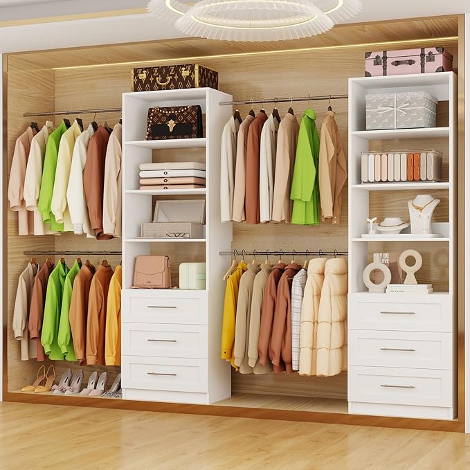 Closet System with 6 Drawers, 5.5FT-15FT Closet Organizer System Modular Wood Walk in Closet Storage System with 8 Shelves 8 Expandable Hanging Rods, Wall Mount White