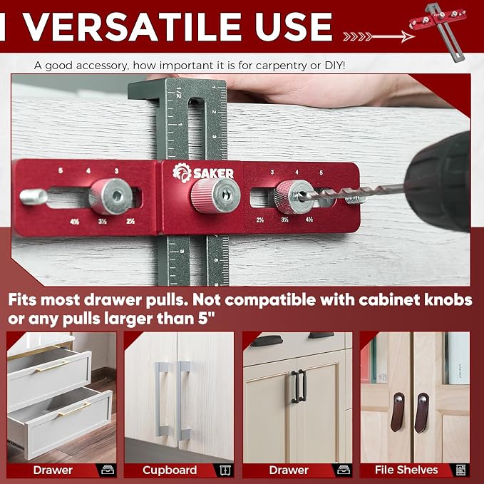 Saker Cabinet Hardware Doweling Jig - Cabinet Handle Template Tool for Knobs and Pull - Adjustable Self Centering Punch Locator Precise Woodworking Drill Guide (5" Jig Saw)