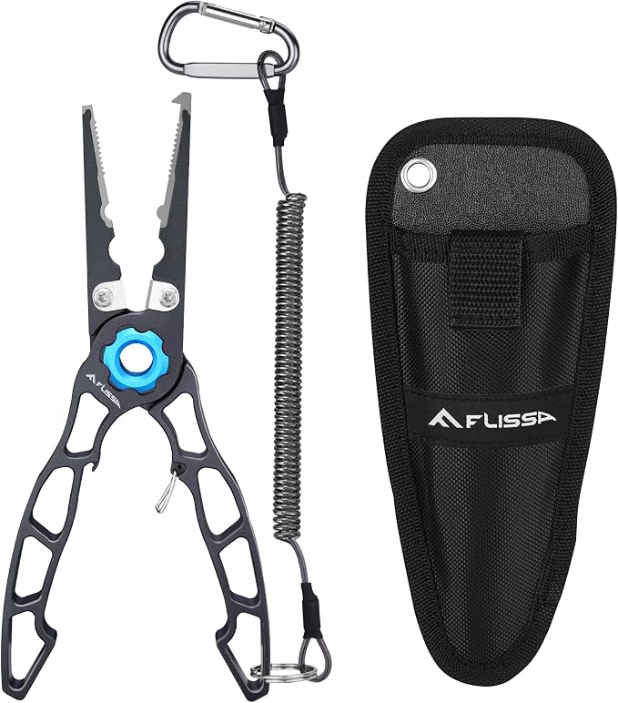 FLISSA Fishing Pliers, Safety Lock Design Fish Pliers Saltwater, Aluminum Hook Remover, Titanium 6Al-4V Jaw and Tungsten Carbide Line Cutters, Sheath & Lanyard, Fishing Gear Gifts for Men