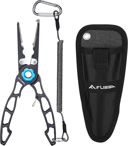 FLISSA Fishing Pliers, Safety Lock Design Fish Pliers Saltwater, Aluminum Hook Remover, Titanium 6Al-4V Jaw and Tungsten Carbide Line Cutters, Sheath & Lanyard, Fishing Gear Gifts for Men
