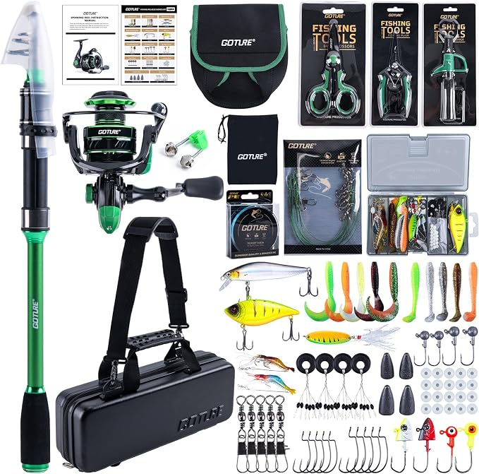 Goture Fishing Poles and Reels Combo - Green Telescoping Fishing Rod Portable Travel Kit with Carrier Bag for Freshwater Saltwater