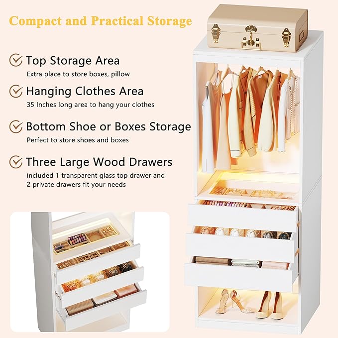 Freestanding Closet System Set of 4, 8FT Closet Organizer System with 12 Wood Drawers & Glasstop, 96" Closet Systems with Hanging Rod & LED Light, Large Walk-in Closet, White (96"L x 16" W x 80" H)