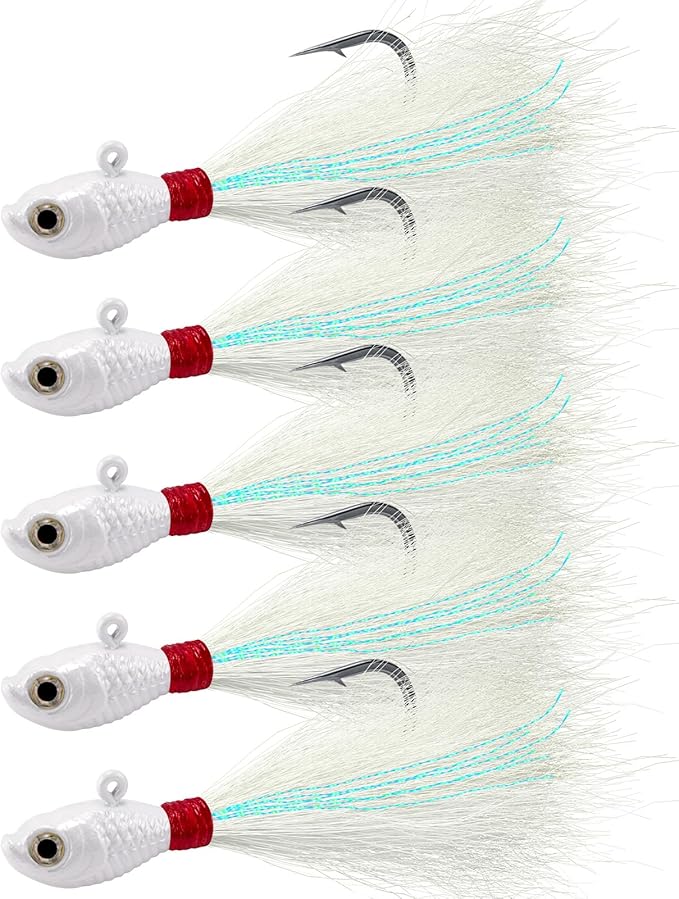 Alwonder 5-Pack Bucktail Jigs Hair Jigs Saltwater Freshwater Fishing Bucktail Lures Surf Fishing Jig Heads White Luminous Chartreuse Swimbait Jig for Bass Flounder Striper Bluefish Halibut Redfish