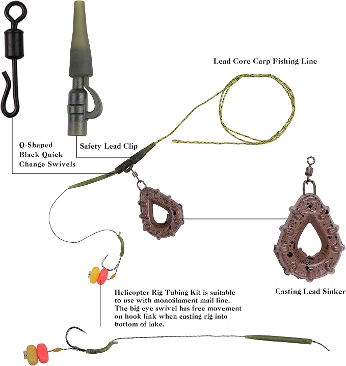 Carp Fishing Rigs Kit Carp Hair Rigs with Carp Sinker Weights Hooks Quick Change Rolling Swivels Sleeves Bait Corns Boilie Leader Rigs Carp Fishing Accessories