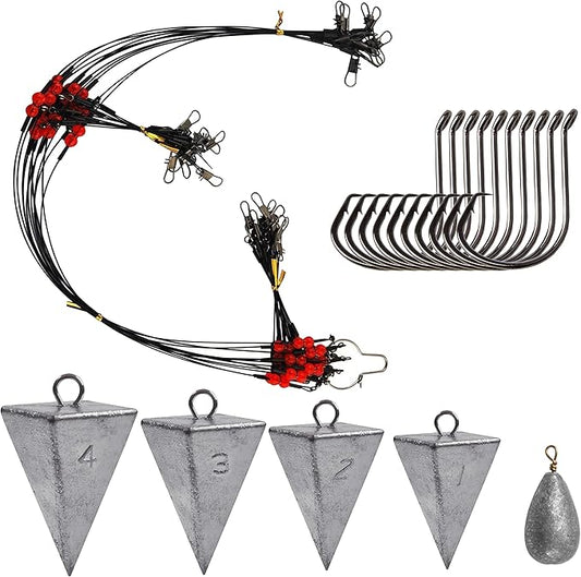 Saltwater Surf Fishing Tackle Kit - Saltwater Surf Fishing Rigs Bottom Rigs Include Fishing Leader Rigs Pyramid Sinkers Bass Casting Sinker Circle Hooks for Striped Bass Red Drum Flounder