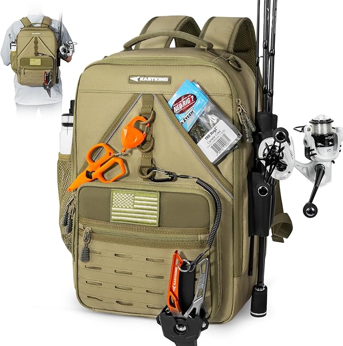 KastKing KarryAll KastMate Fishing Tackle Backpack,Water-Resistant Tackle Bag With 2 Rod Holders,Fishing Gear and Equipment With Large Gear Storage,Khaki