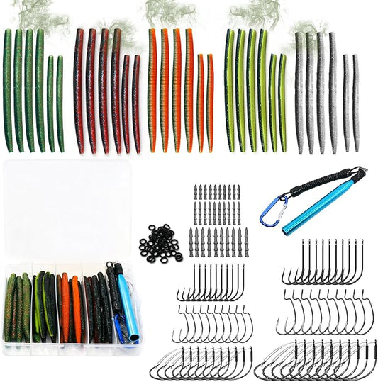 Wacky Rig Kit for Bass Fishing 143/171PCS Soft Plastic Wacky Worms (4in & 5in) Weedless Wacky Rig Hooks & Tool O-Rings, Bass Trout