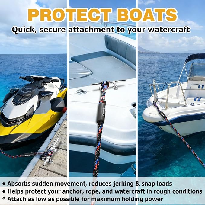 JaunniQir Bungee Dock Lines for Boats 4.3 Feet, 2 Pack Dock Lines with 316 Stainless Clips for PWC, Jet Ski, Kayak, Watercraft, Pontoon, Shock Absorbing Tie Off Downs Boat Mooring Ropes Accessories