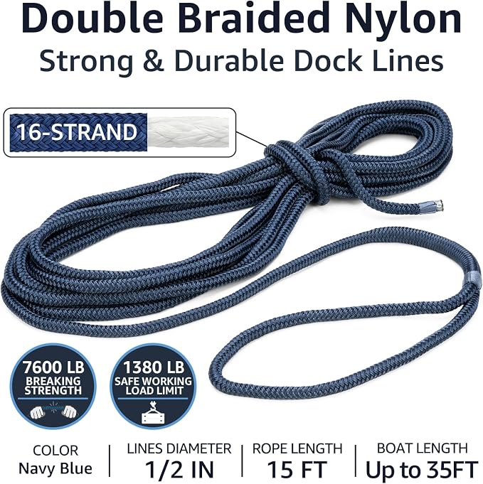 Double Braid 1/2" x 15' Boat Dock Lines (4-Pack) – Nylon Boat Ropes for Docking with 12" Spliced Eye – Heavy Duty Marine Rope – Soft & Durable Boat Lines for Pontoon and Light Boat (Navy Blue)