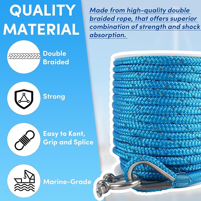 Anchor Rope 100 ft x 3/8 inch Blue, Double Braided Anchor Line with Stainless Steel Thimble & Shackle, Boat Rope with Reflective Strip Ideal for Towing,Mooring,Anchoring,for Boats Up to 27'