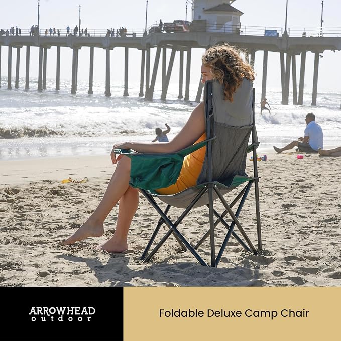 ARROWHEAD OUTDOOR Deluxe Folding Camp Chair – 550lb Capacity Heavy-Duty Quad Chair with Integrated Cooler, Headrest, and Dual Cup Holders.