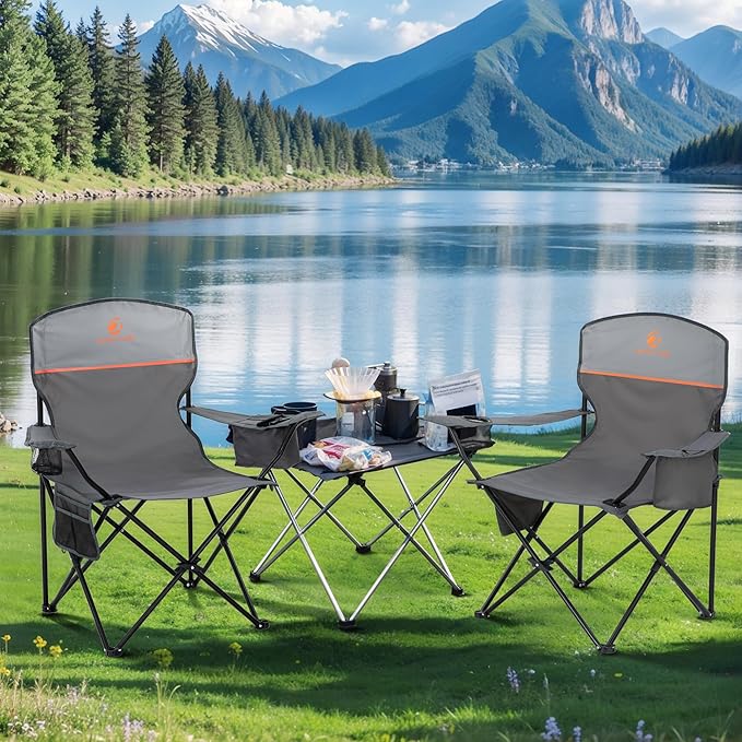LET'S CAMP Camping Chair 2 Pack Folding Chair with 4-Can Cooler Bag Portable Lawn Chair with Cup Holder,Storage Pocket, Supports 250LBS, Collapsible Chair for Camp, Beach, Picnic (Grey)