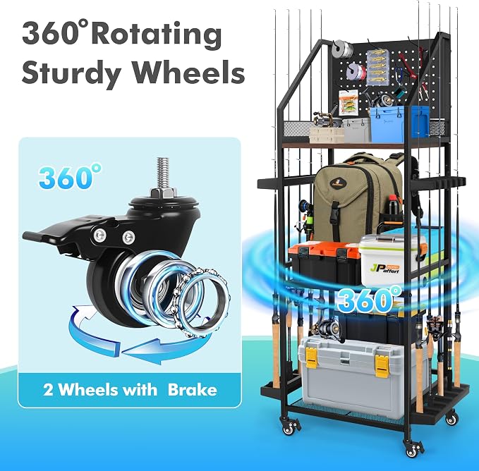Fishing Pole Holders for Garage,3 Tiers Fishing Rod Rack,Holds up to 12 Rods,Fishing Organizer with Pegboard&Hooks&Lockable Wheels,Fishing Pole Storage for Reel Combos/Tackle/Fishing