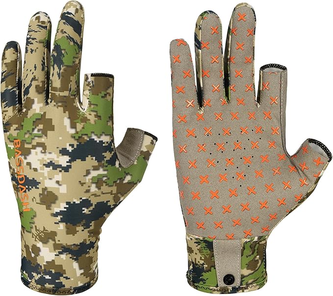 BASSDASH Unisex Fingerless Camo Hunting Gloves for Men's Women's Early Season Warm Weather UPF 50+ Lightweight Fishing Photography HG03