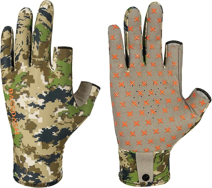 BASSDASH Unisex Fingerless Camo Hunting Gloves for Men's Women's Early Season Warm Weather UPF 50+ Lightweight Fishing Photography HG03