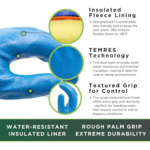 SHOWA TEMRES 282 Waterproof Insulated Winter Work Gloves, Breathable Polyurethane Coating, Thermal Fleece Liner, High-Grip for Hiking, Cold Storage, Ice Fishing, Outdoor Work, Blue, XX-Large, 1-Pair