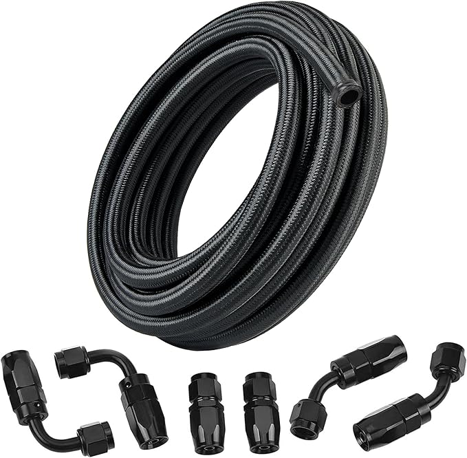 EVIL ENERGY 8AN Fuel Line Kit, 8AN Nylon Braided Fuel Line Hose Fitting Kit CPE 12FT Black