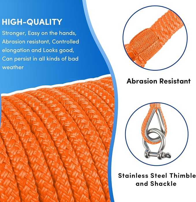 Boat Anchor Rope 100 ft x 3/8 inch Orange, Double Braided Anchor Line with Stainless Steel Thimble & Shackle, Marine Rope Ideal for Towing,Mooring,Decks,Anchoring,for Boats Up to 27'